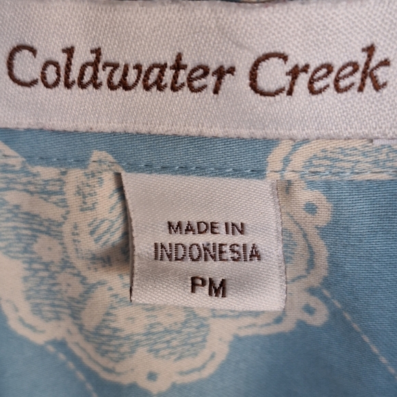 Coldwater Creek Baby Blue Blouse/Wht Floral Collar/Cuffs Cotton Button Front - Picture 3 of 8